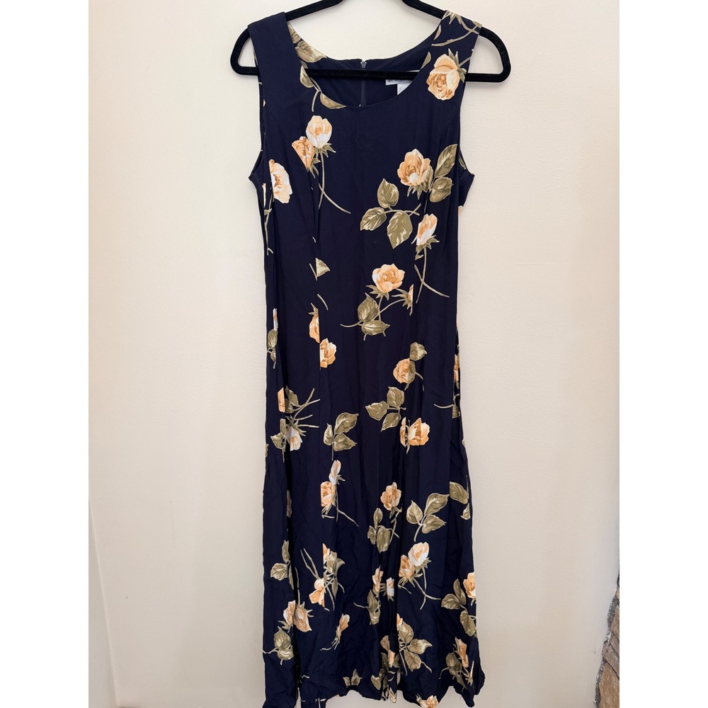 Dressbarn Vintage 90s Navy Blue Yellow Rose Floral Rayon Maxi Dress Womens 8 USA